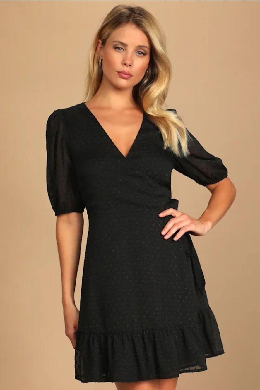 Lulus Black Swiss Dot Wrap Mini Dress Puff Sleeve VNeck Ruffle Party Cocktail XS